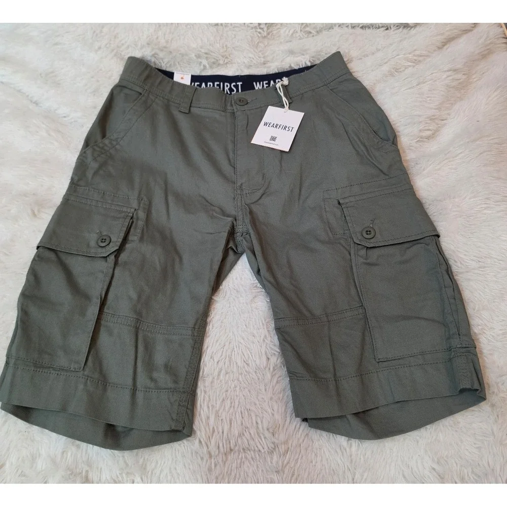 NWT Wearfirst Men's Size 30 Stretch Cargo Shorts Olive Green Multi Pocket
